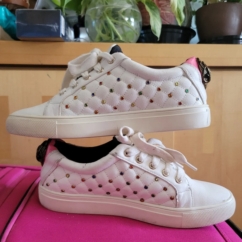 Kurt Geiger Ludo Metal Bird Embellished White Leather Sneakers Bejeweled Shoes 6